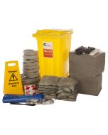 360ltr general purpose spill kit, for non hazardous liquid spills. Large wheeled bin with grey general purpose absorbents for spill emergencies