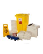 Oil Spill Kit suitable for oils and fuels. Wheeled spill kit containing white, hydrophobic absorbents and PPE