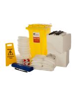 Oil and fuel spill kit 360ltr. Wheelie bin spill kit with white absorbents for oil and fuel spill emergencies.