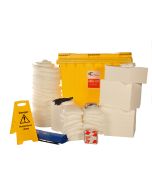 Large oil emergency spill kit for oil and fuel spills. Large wheeled bin containing oil absorbents, PPE and signage