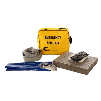 small general purpose spill kit grab bag. PVD spill kit bag with grey general purpose absorbents for non hazardous liquid spills