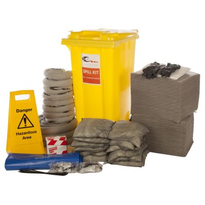 360ltr general purpose spill kit, for non hazardous liquid spills. Large wheeled bin with grey general purpose absorbents for spill emergencies