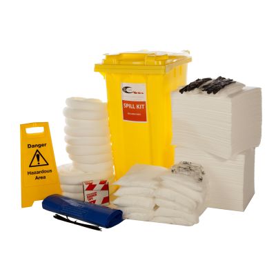 Oil and fuel spill kit 360ltr. Wheelie bin spill kit with white absorbents for oil and fuel spill emergencies.