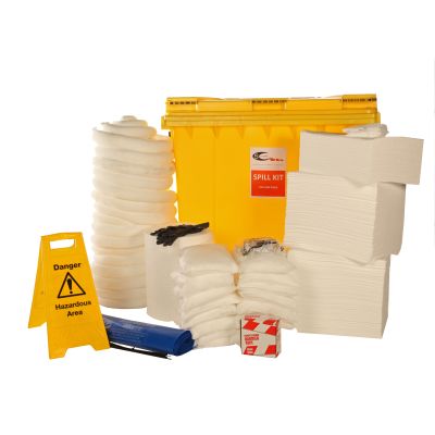 Large oil emergency spill kit for oil and fuel spills. Large wheeled bin containing oil absorbents, PPE and signage