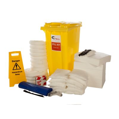 Oil Spill Kit suitable for oils and fuels. Wheeled spill kit containing white, hydrophobic absorbents and PPE