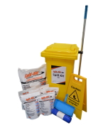 Spill-Aid S60 Spill kit. Yellow wheelie bin spill kit with absorbent powder bags and cleaning products to manage a spill