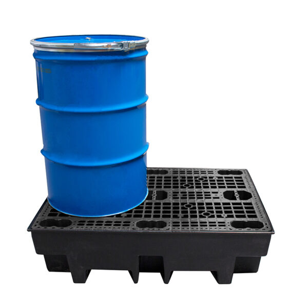 2 drum recycled spill pallet showing 1 drum stored