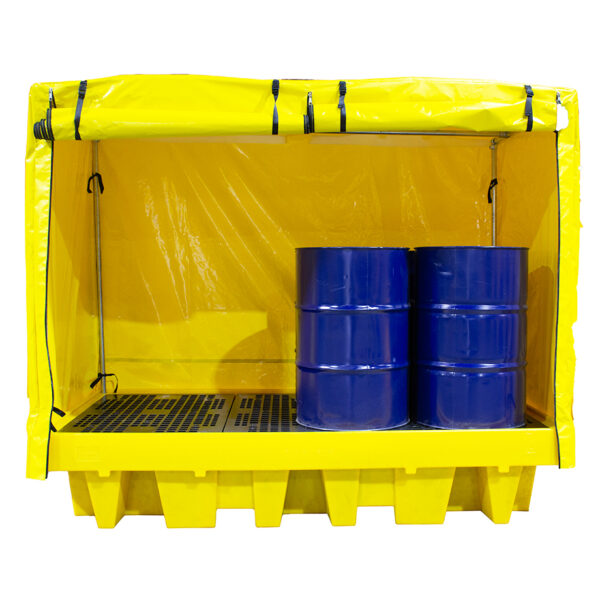 Spill pallet with cover showing drums stored