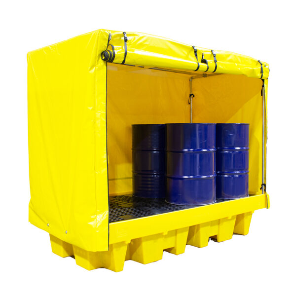 Spill pallet with cover showing drums stored and cover open