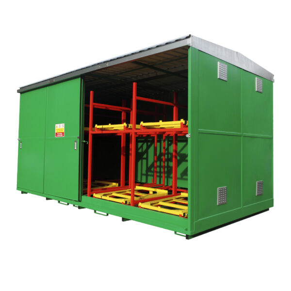 64 Drum / 16 IBC Bunded Storage Container with Push Back System