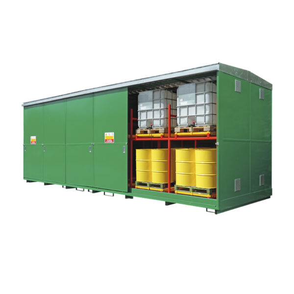 96 Drum / 24 IBC Bunded Storage Container with Push Back system
