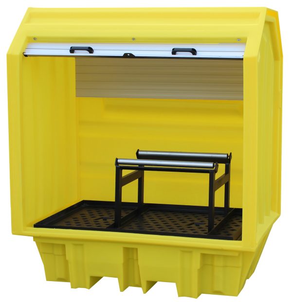 2 Drum Bunded Spill Pallet with Roller Shutter & Drum Dispenser