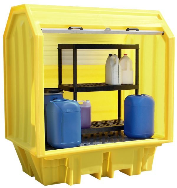 2 Drum Bunded Spill Pallet with Roller Shutter & Shelf