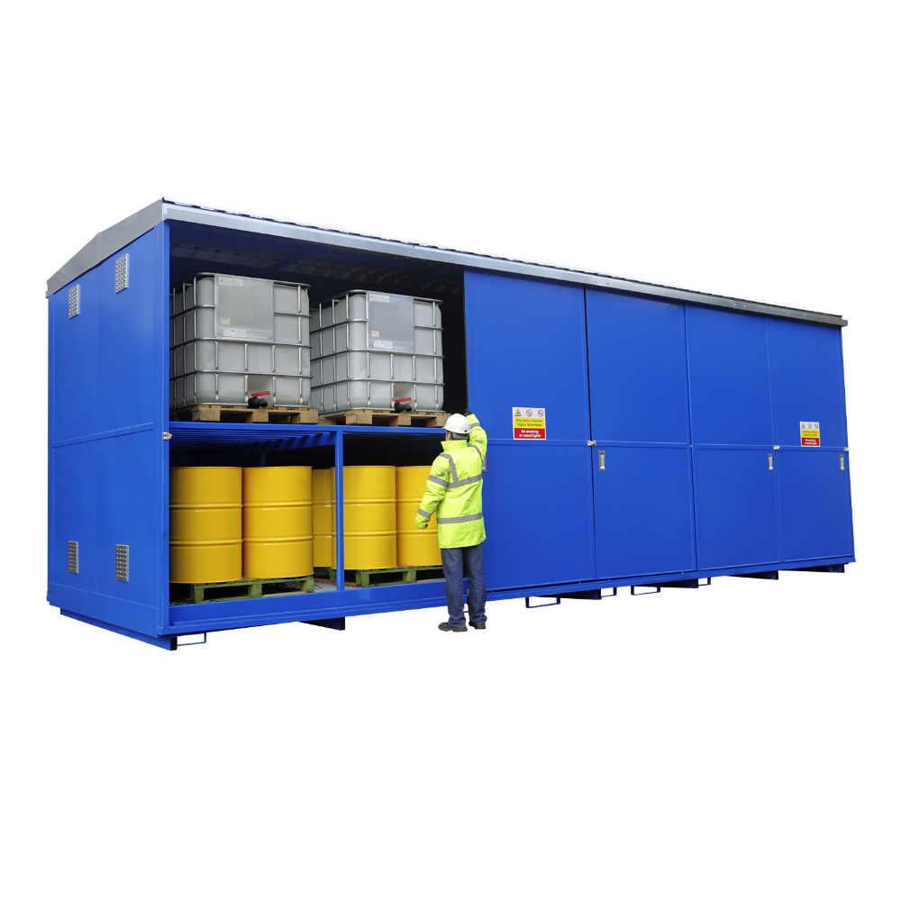 Warehosue following chemical storage bunding requirements by placing pallets in a storage compartment visible space.