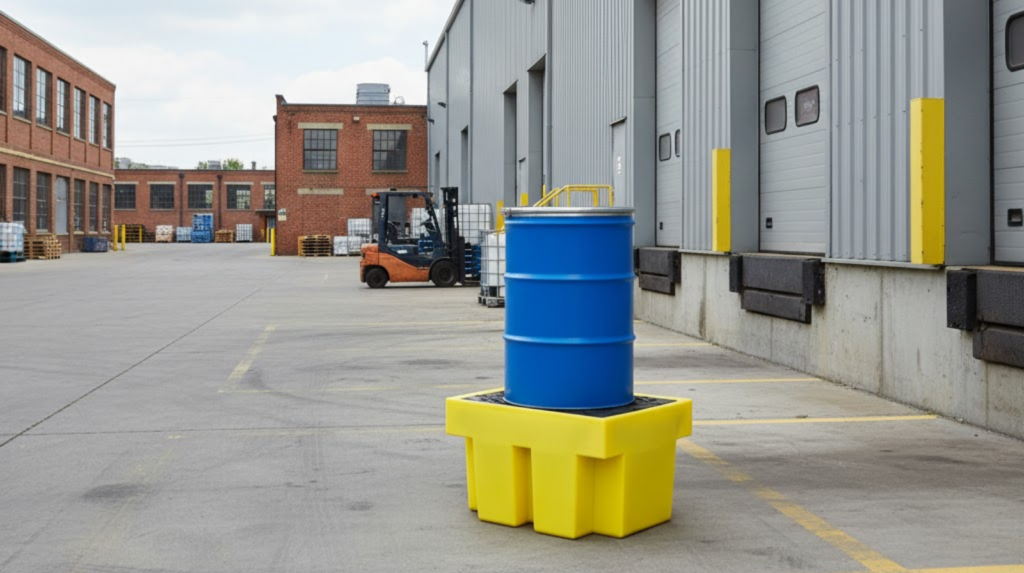 Warehosue following chemical storage bunding requirements by placing spillage kit outside in a visible space.