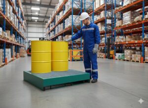 Warehosue employee checking how many drum spill pallets do i need for an emergency spill kit.