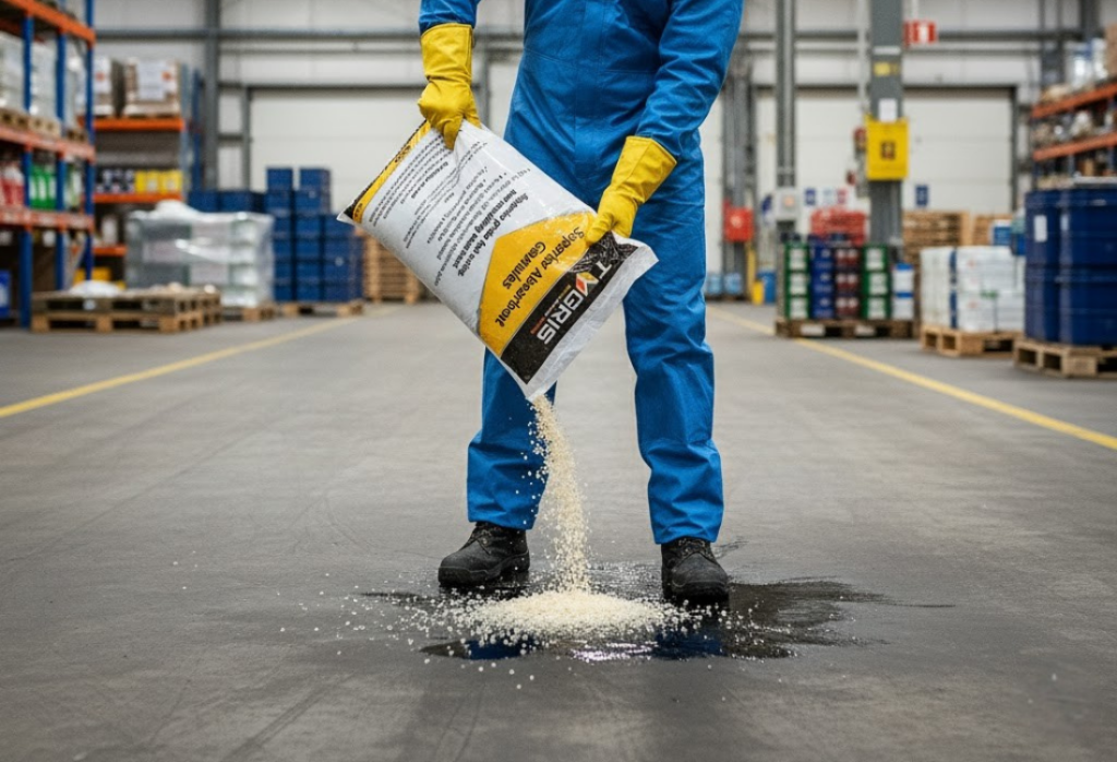 Oil absorbent granuels being used to clean a spillage in a warehouse.