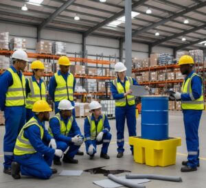 A team of warehouse workers in safety gear receiving hands-on training for cleaning up a liquid leak using a chemical spill kit and absorbent materials.
