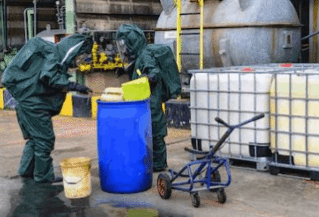 Workers in protective suits using an absorbent material for chemical spills to clean up a chemical spill in an industrial setting.