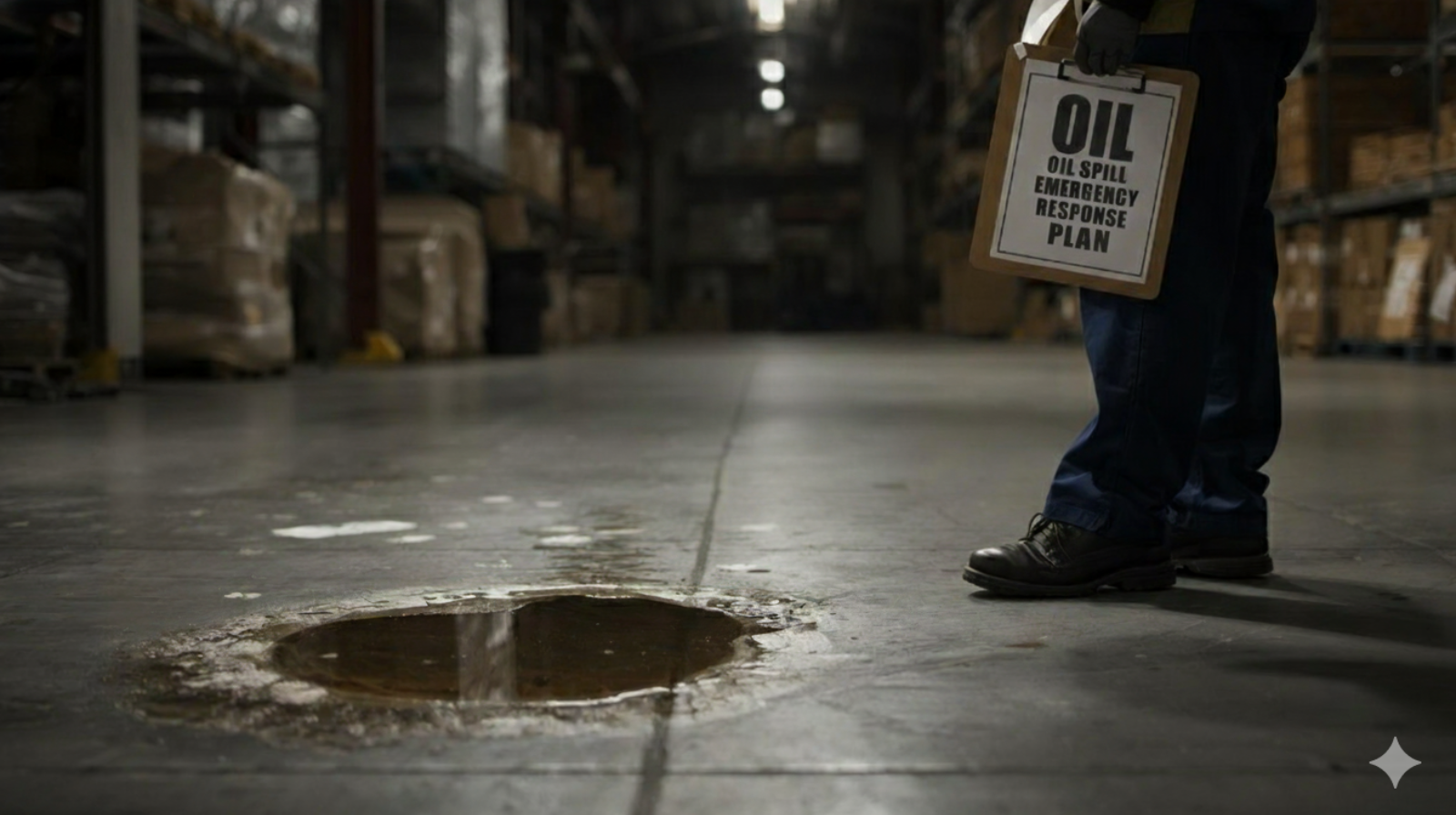 Warehouse employee implementing an oil spill emergency response plan to take care of an oil spill on a warehouse floor.