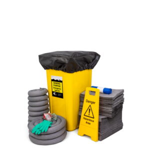 Different types of spill kits with a yellow bin, absorbent pads, socks, gloves, and a hazard warning sign.