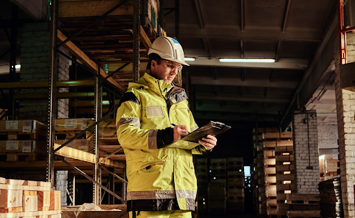 Warehouse manager reviewing safety paperwork on-site, representing a spill Risk Assessment process for industrial workplace compliance.
