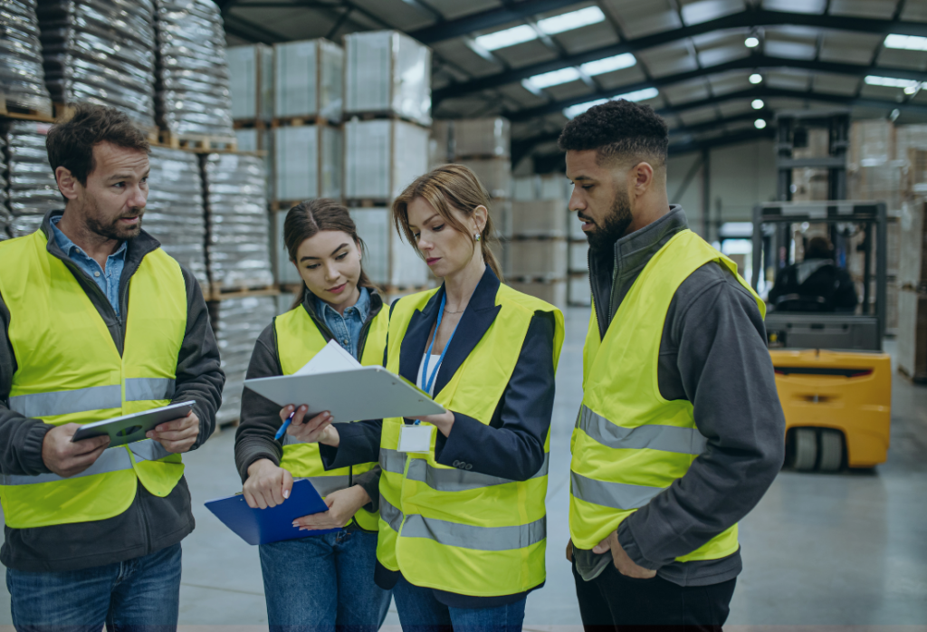 Employees in warehouse discuss the common spill control failures