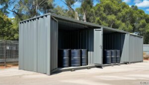 Bunded chemical storage containers used to meet hazardous chemical storage requirements and prevent environmental contamination.