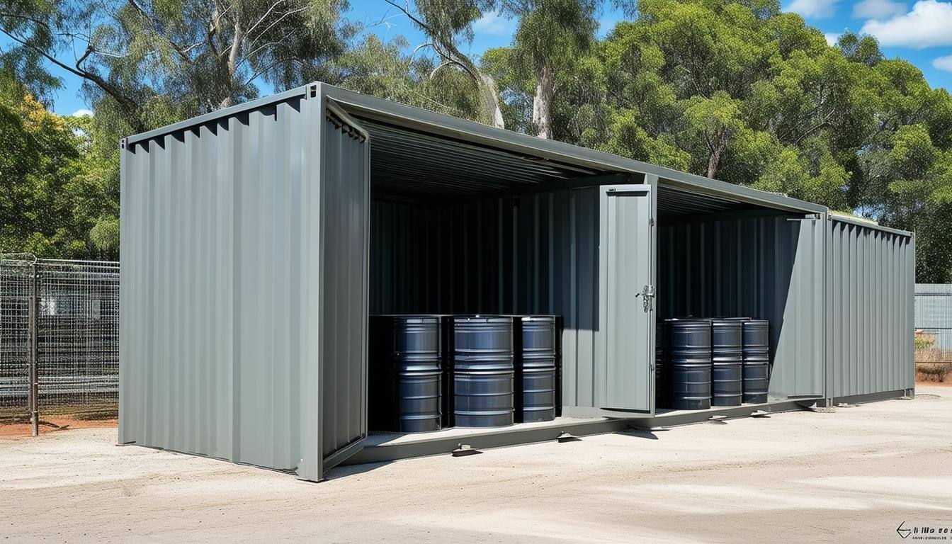 Bunded chemical storage containers used to meet hazardous chemical storage requirements and prevent environmental contamination.