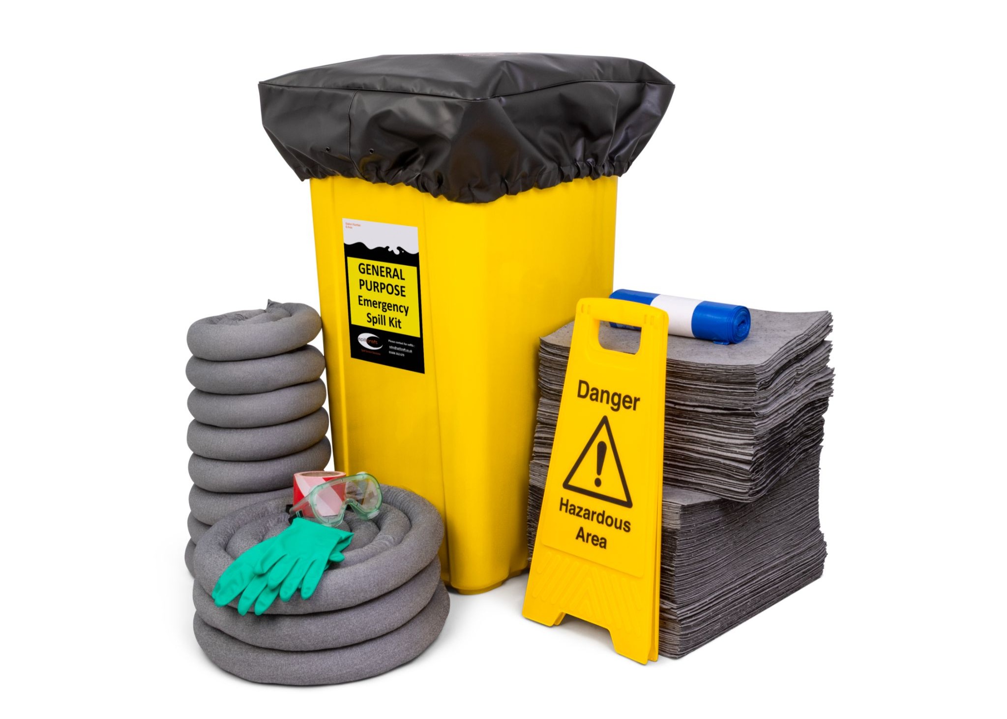 A yellow general purpose emergency spill kit wheelie bin surrounded by absorbent socks, grey absorbent pads, safety goggles, green gloves, and a yellow warning sign, illustrating what are the main types of spill kit options for workplace safety.